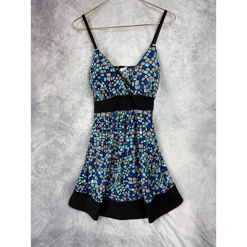 Y2K Judy Knapp California Mosaic Print Empire Waist Tie Back Tunic Top Blue MED